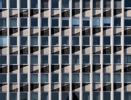 Facade of the Barmen tax office with geometric pattern and serial window structure, Wuppertal,
