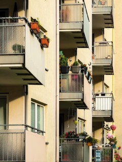 Balconies with planted flower boxes on a tower block in Wuppertal, Germany
