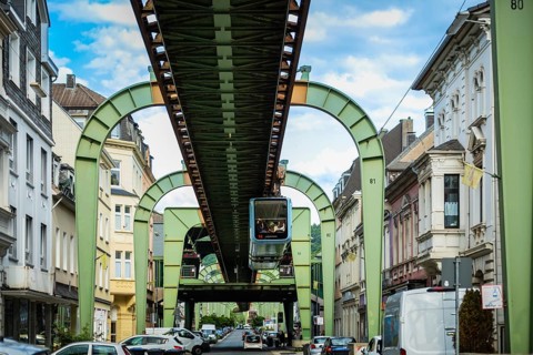 The Wuppertal suspension railway pulls into the Sonnborn stop, Wuppertal, Germany, digitally