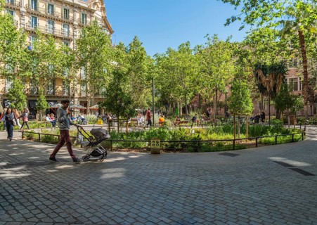The Eixample superblock, car-free and pedestrianised area in the centre of Barcelona, Spain