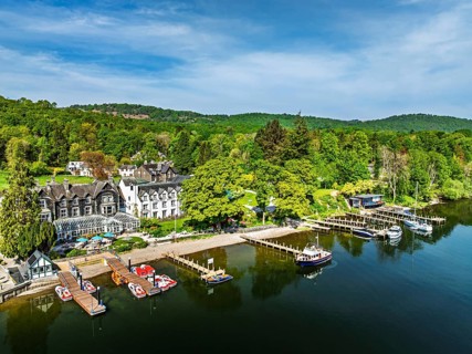 Windermere Lake from drone over Fell Foot Park, Lake District, Cumbria, England, United Kingdom