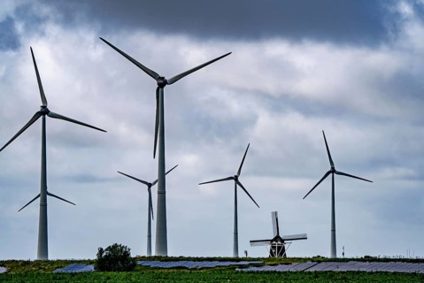 Westereems and Growind wind farms, over 80 wind turbines in total, at the seaport of Eemshaven,