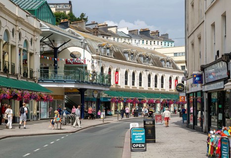 Shops in historic buildings Fleet Street, Torquay, Devon, England, UK
