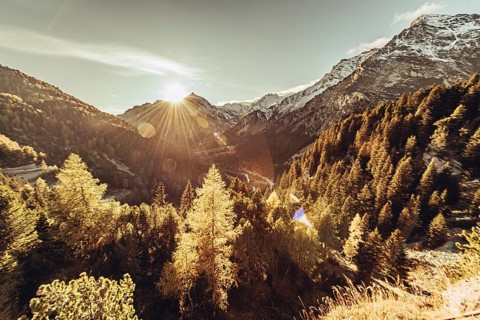 Autumn atmosphere in the Swiss Alps in the Engadine. Photographed from the village of Maloja on the