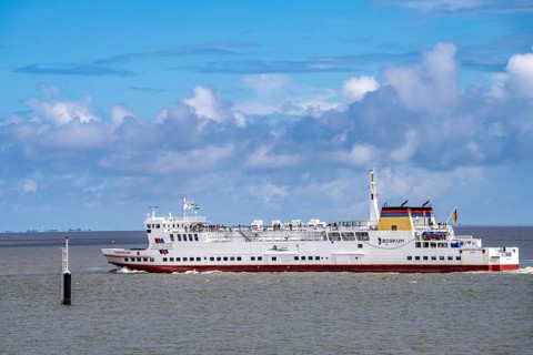 The North Sea car ferry Münsterland, departs from the ferry harbour of Eemshaven, in the Ems