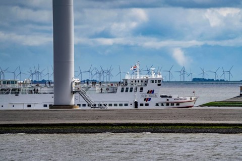 The North Sea car ferry Münsterland, arrives in the ferry harbour of Eemshaven, in the Ems estuary,