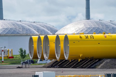 The seaport of Eemshaven, Julianahaven Basin, where the foundation structures, monopiles, for