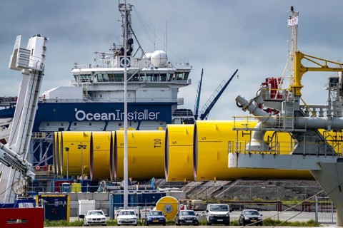 The seaport of Eemshaven, Julianahaven Basin, where the foundation structures, monopiles, for
