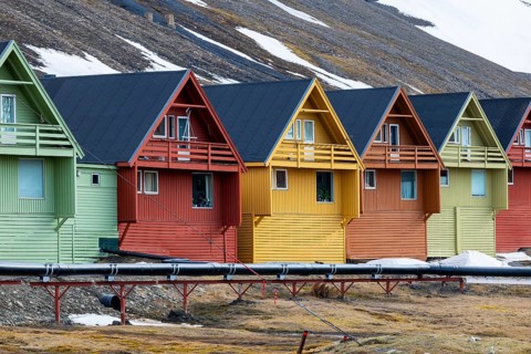 Colourful wooden houses in Riehe, Longyearbyen, Spitsbergen, Svalbard