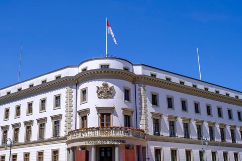 Hessian state parliament with state flag in the former Nassau city palace, Wiesbaden, Hesse,