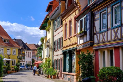 Kirchenstraße, half-timbered houses in the old town centre, Ladenburg, Rhine-Neckar district,