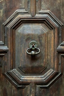 Intricate details on a weathered wooden door featuring an ornate, vintage knocker. The