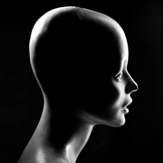 A mannequin head is highlighted in profile view with dramatic lighting that emphasizes its smooth