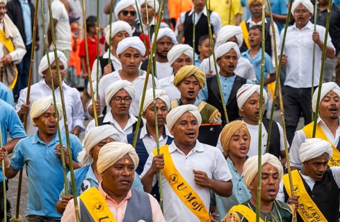 People from the Pnar community attend the Behdienkhlam festival in Jowai, India on July 14, 2025.