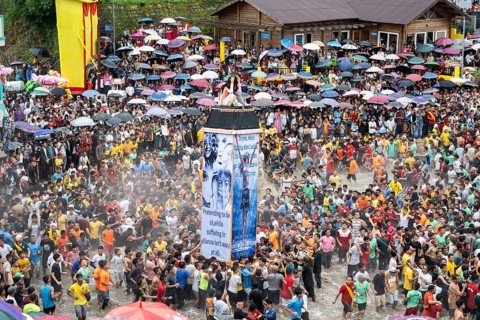 People from the Pnar community move around a Rot themed stop women harrasment as they celebrate an