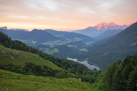 Magical sunset at the Halsalm above the Hintersee with views of the Hoher Göll and Untersberg