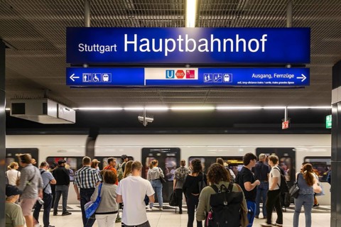 Stuttgart main station with S-Bahn. People on the platform waiting for their train. Stuttgart,