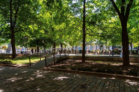 Hviezdoslav Square, promenade with trees, benches and cafés in Bratislava, Slovakia