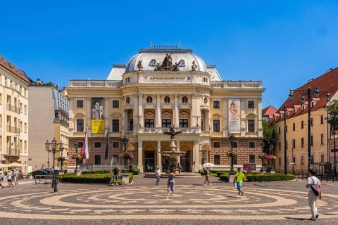 The Slovak National Theatre and the Ganymede Fountain on Hviezdoslav Square in Bratislava, Slovakia