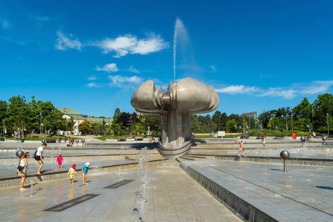 Freedom Square with a fountain in the shape of a lime blossom in Bratislava, Slovakia