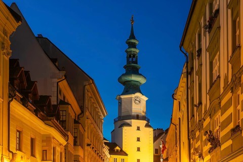 Night shot of St Michael's Gate (Michalská brána) in Bratislava, Slovakia