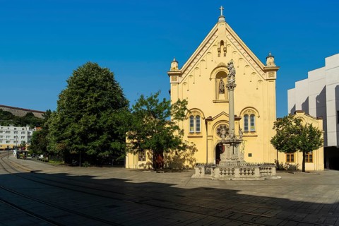 Capuchin monastery with a view of the castle in the city centre of Bratislava, Slovakia