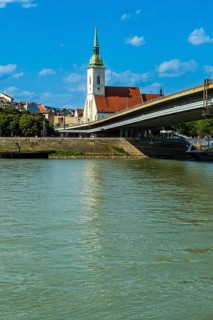 St Martin's Cathedral in Bratislava, in the foreground the Danube and the Bridge of the Slovak