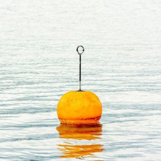 A bright orange buoy stands upright on the tranquil waters of Lake Geneva in Switzerland,