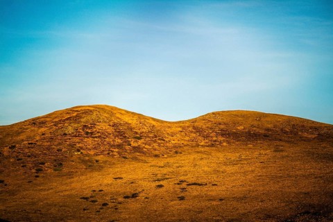 Two gentle hills rise from a golden landscape under a bright blue sky. Wispy clouds streak across