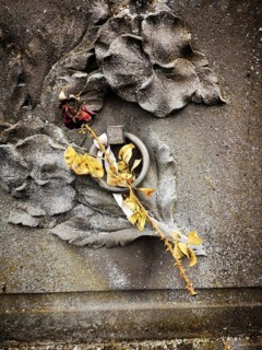 A dried rose with delicate yellow petals lies against a textured, weathered gravestone featuring