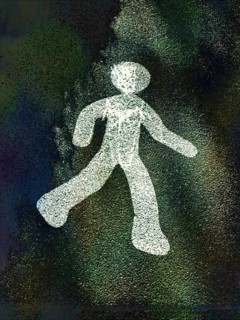 A simple yet striking outline of a walking figure in white stands out against a rich, textured dark