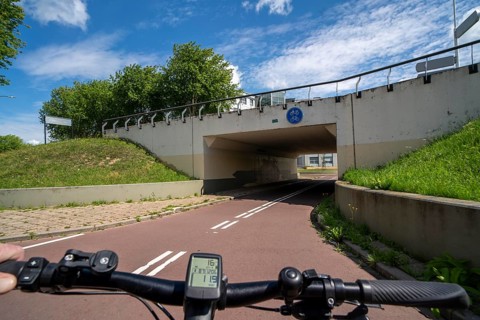 Roundabout in the Dutch city of Houten, the lanes for cars and bicycles are separated, the cycle