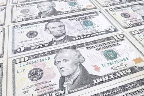 US dollar notes, 10 dollars, 5 dollars, banknotes