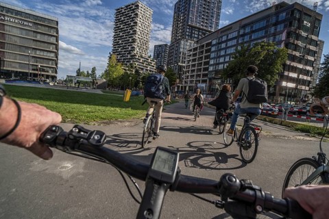 Cycle along the Jaarbeursplein, south of Utrecht Central, HBF, on the central cycle path in the