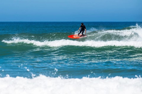 Surfer riding a wave on Contis beach, Saint Julien en Born, Saint-Julien-en-Born, Landes, France