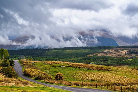 Nevis Range Mountains from Commando Memorial, Grampian Mountains, Fort William, Highland, Lochaber,