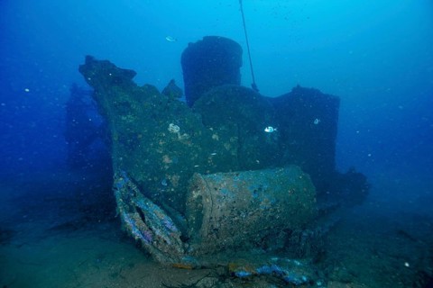 Corridors of a shipwreck on the seabed. Dive site wreck Ville de Grasse, Giens peninsula,