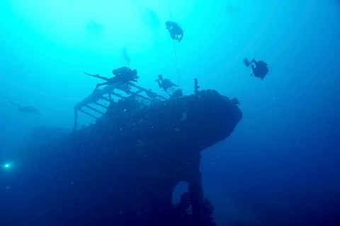 Divers circle the silhouette of an overgrown shipwreck in the blue water. Dive site wreck Le Grecq,