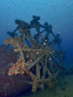 Dilapidated paddle wheel of a shipwreck with fish in the background. Dive site wreck Ville de