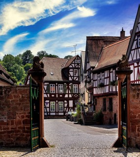 The old castle with Barbarossaplatz and the castle café in the old town centre of Büdingen, Hesse,
