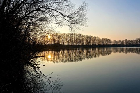 Sunset at Moosinninger Weiher, quarry pond, fish pond for carp, reflection of the trees on the
