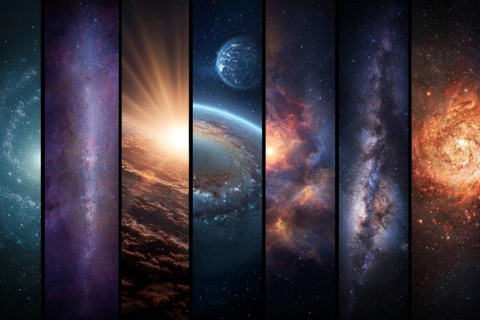 Collage of galaxies nebulas and cosmos space, AI generated