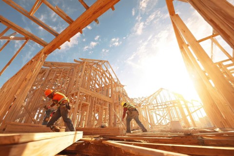 Collage of construction workers building homes, AI generated