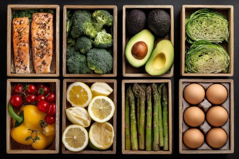 Collage of boxes with healthy food for various diets that improve digestive and heart health, AI