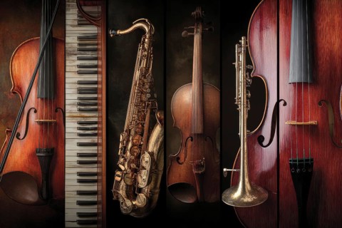 Collage of classical musical instruments, AI generated