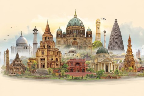 Collage of churches, mosques and hindu temples. Concept of travel and sightseeing, AI generated