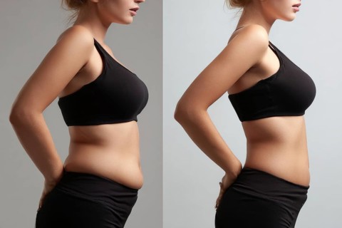 Collage of a single person showing reduction of waist fat and tummy fat, AI generated