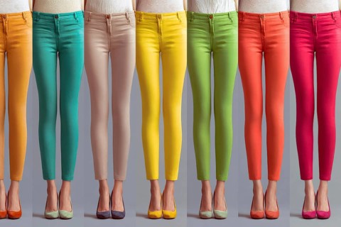 Collage of beautiful women legs in coloured pants, AI generated