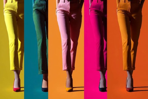 Collage of beautiful women legs in colored pants. Wide angle visual for banners or advertisements.