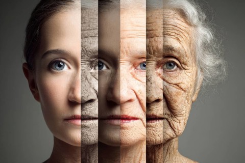 Collage of a face of the same person aging from young to old, AI generated